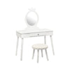 Kids vanity makeup table and chair set in white, featuring a mirror, drawer, and soft cushion for comfortable seating.