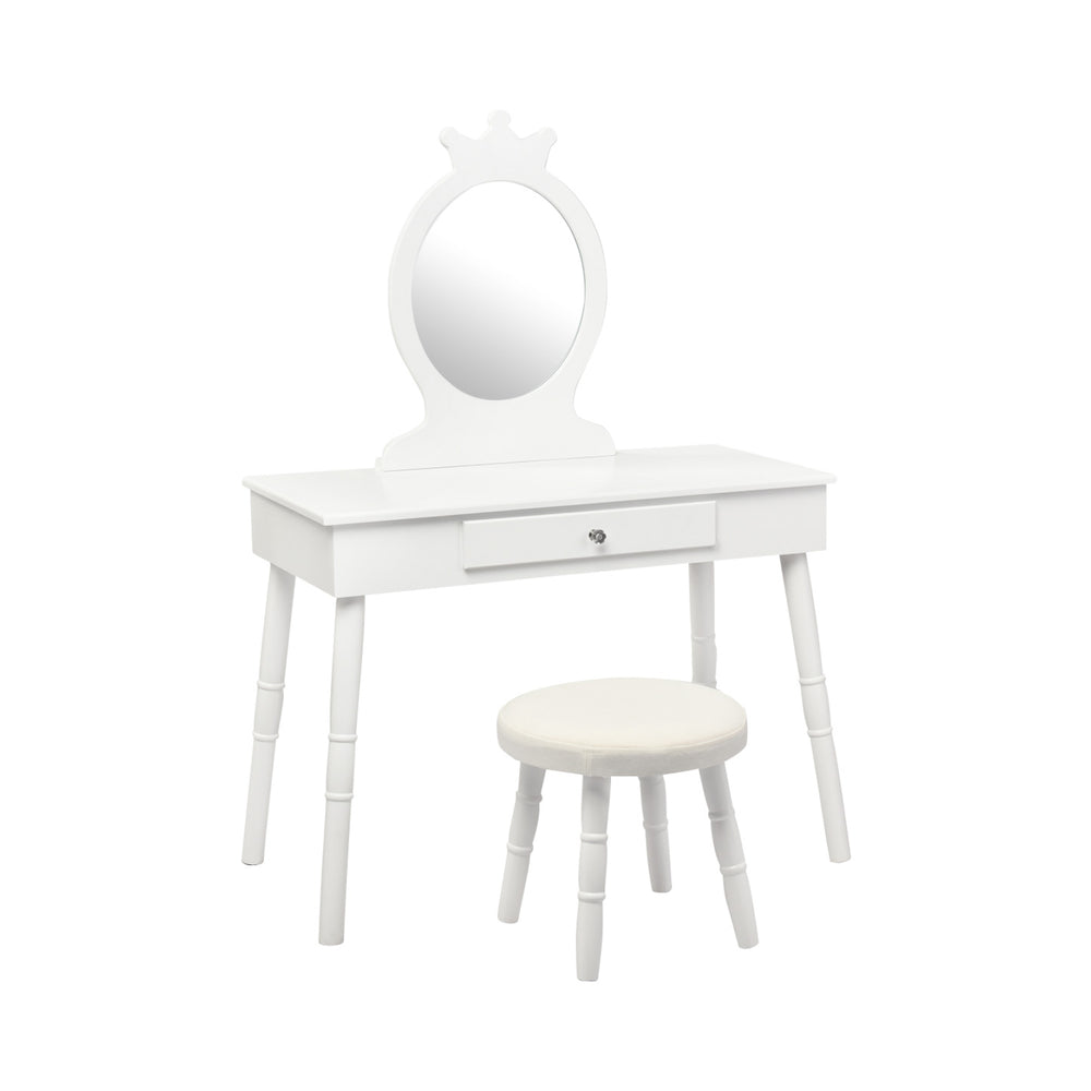 Kids vanity makeup table and chair set in white, featuring a mirror, drawer, and soft cushion for comfortable seating.