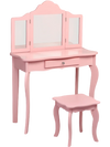 Kids pink makeup dressing vanity table set with tri-folding mirrors and a stool, perfect for organizing cosmetics.