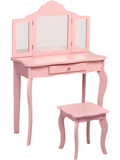 Costway Kids Vanity Set w/ Tri-Folding Mirror & Stool 01857429 New