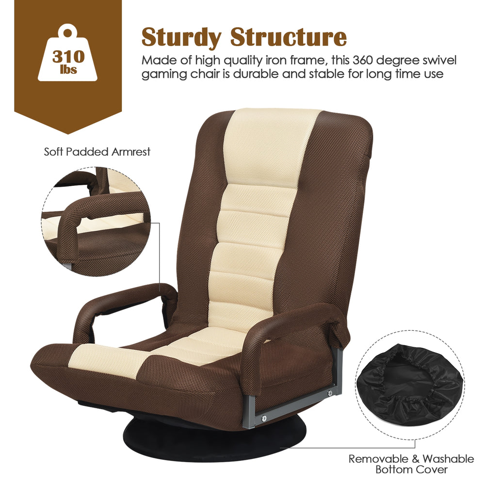 360-degree swivel gaming floor chair in brown with adjustable backrest and soft padded armrests for comfortable use.