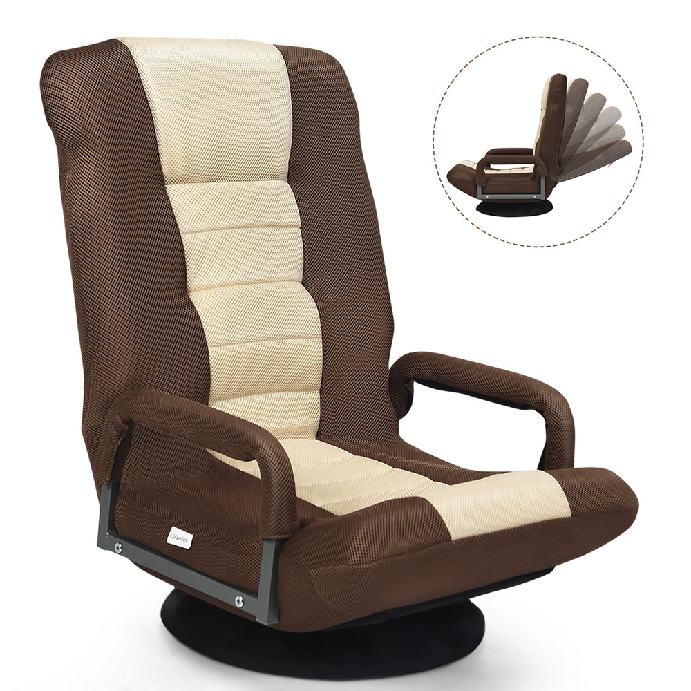 Brown 360-degree swivel gaming floor chair with adjustable backrest, ergonomic design, and foldable for easy storage.