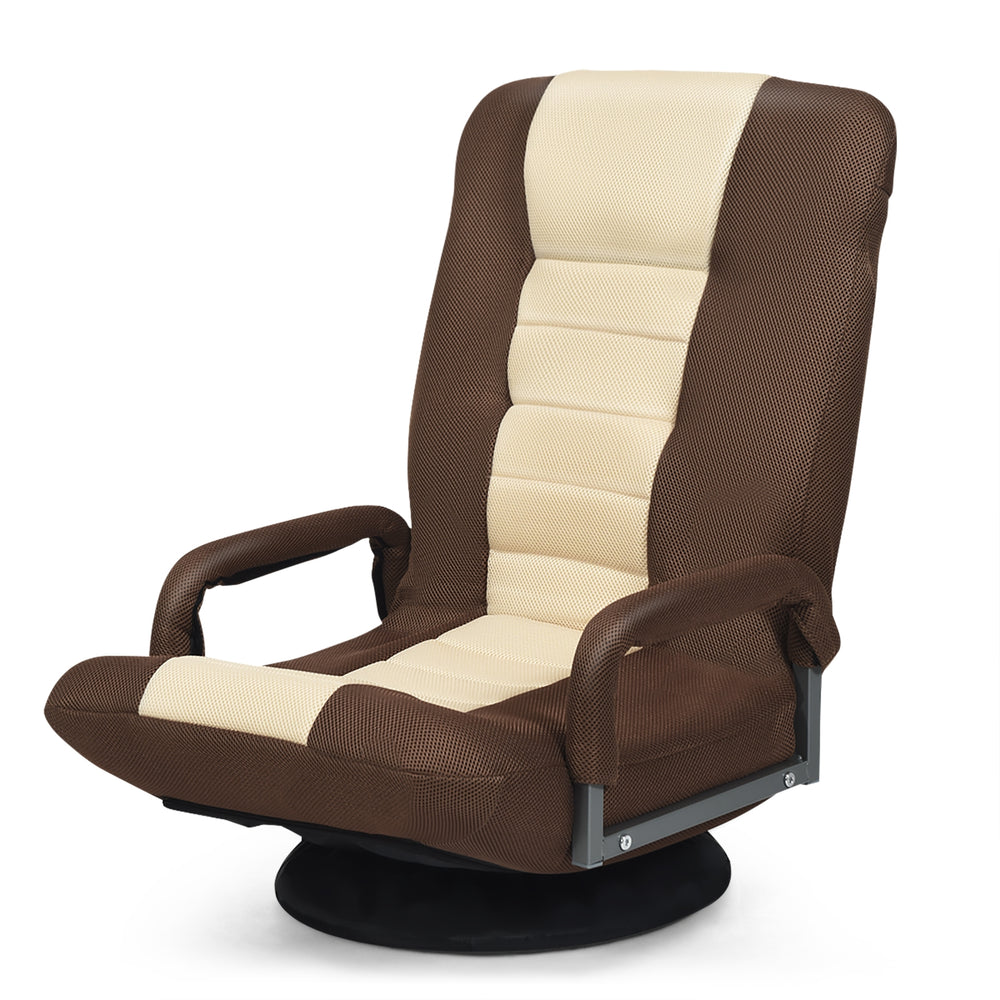 Brown 360-degree swivel gaming floor chair with adjustable backrest and ergonomic design for comfort and relaxation.