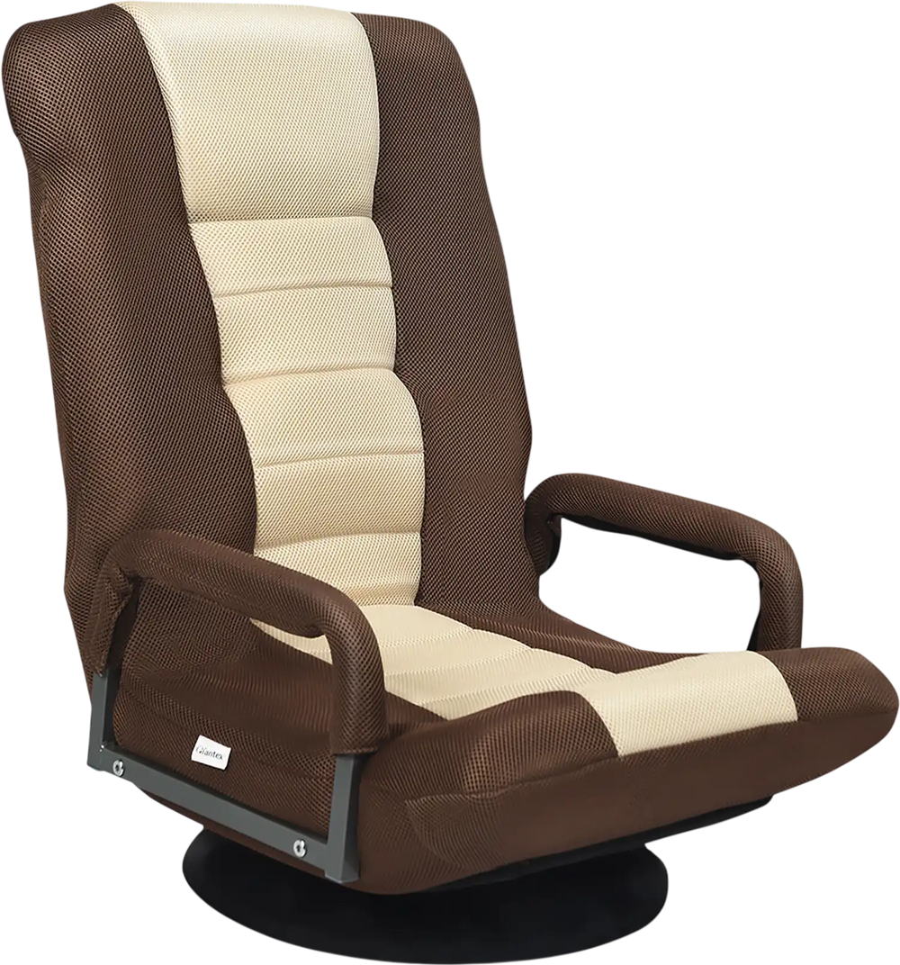 360-degree swivel gaming floor chair in brown with adjustable backrest, ergonomic design, and foldable for easy storage.