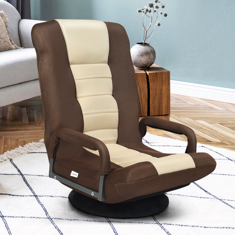 Brown gaming floor chair with 360-degree swivel, six-position adjustable backrest, and ergonomic mesh design for.