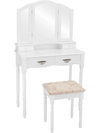 Elegant white vanity table featuring a spacious tabletop, four drawers for storage, and a large tri-fold mirror for.