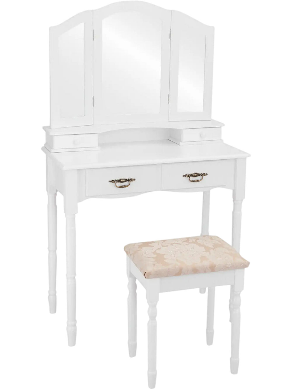 Elegant white vanity table featuring a spacious tabletop, four drawers for storage, and a large tri-fold mirror for.