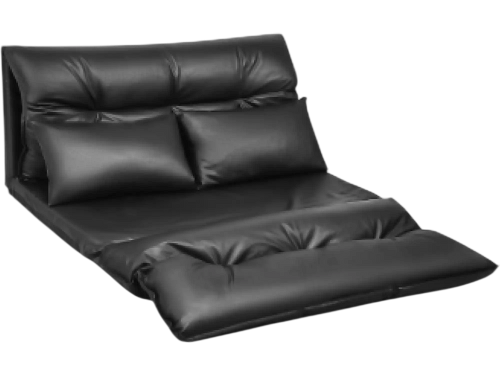 Foldable black PU leather leisure sofa bed with adjustable backrest and two pillows, ideal for small spaces and.