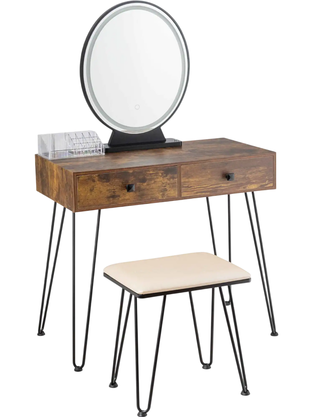 Industrial makeup dressing table in rustic brown with touch screen mirror, two drawers, and matching stool for.