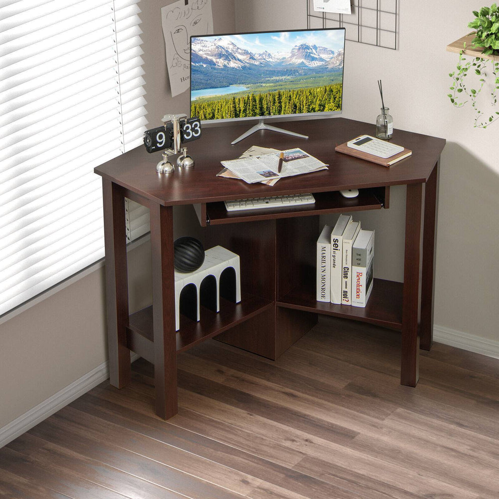 Wooden Study Computer Corner Desk with Drawer-Coffee - Gallery View 1 of 11