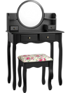 Close-up of the black makeup vanity table's elegant drawer handles and cushioned stool, ideal for stylish grooming.
