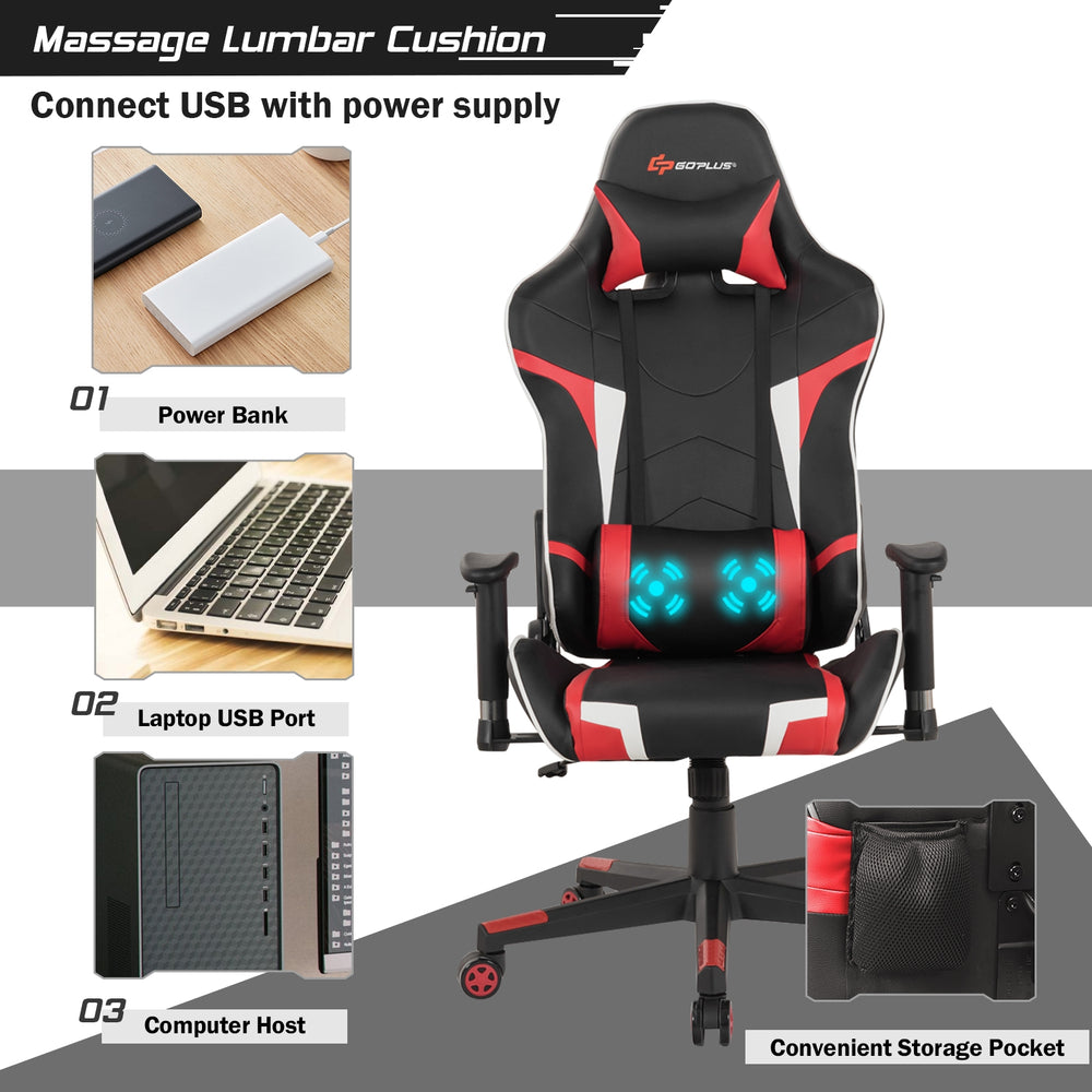 Reclining swivel gaming chair with lumbar support, red faux leather, adjustable backrest for ultimate comfort.