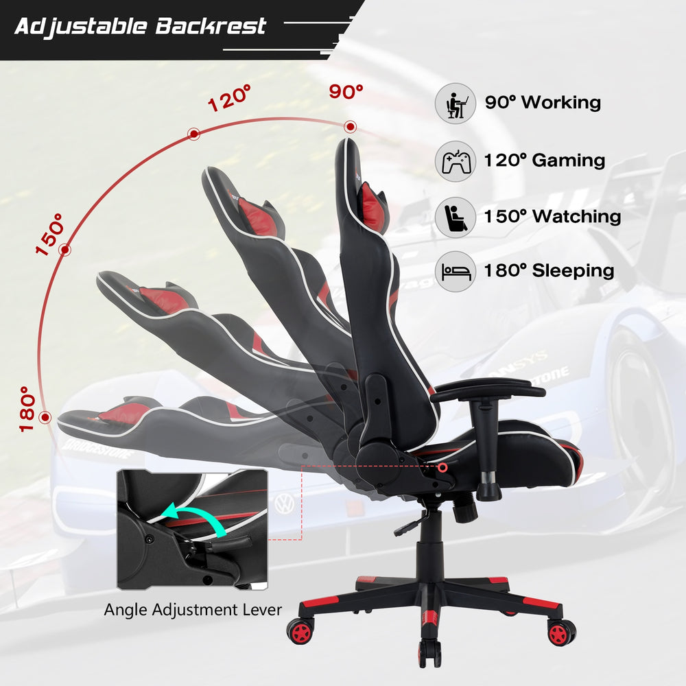 Reclining swivel gaming chair with adjustable backrest, lumbar support, and faux leather upholstery for comfort and.