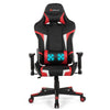 Reclining swivel gaming chair in red with lumbar support, adjustable backrest, and massage feature for ultimate comfort.