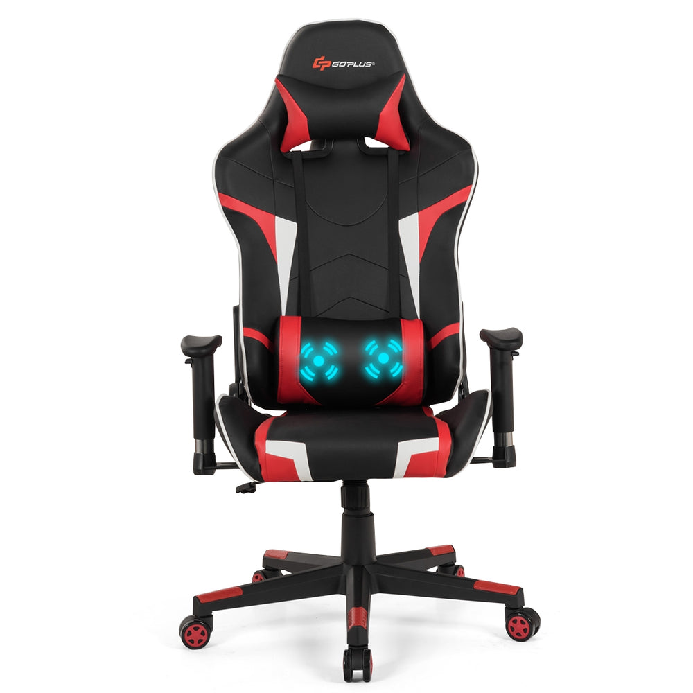 Reclining swivel gaming chair in red with lumbar support, adjustable backrest, and massage feature for ultimate comfort.