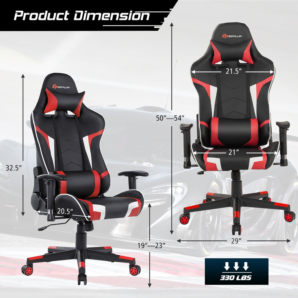 Reclining swivel gaming chair with lumbar support, red faux leather, adjustable height, ideal for gaming or office use.