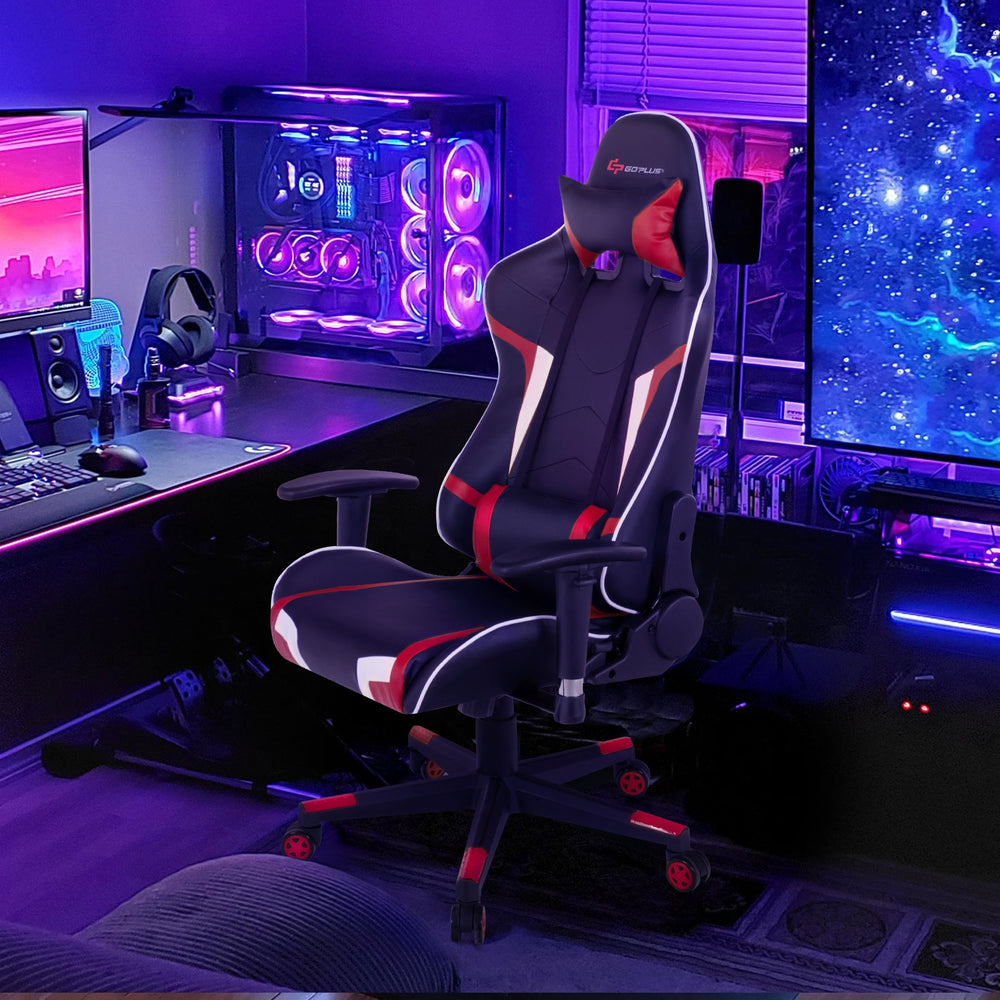 Reclining swivel gaming chair in red with lumbar support, adjustable height, and 360-degree swivel for ultimate comfort.