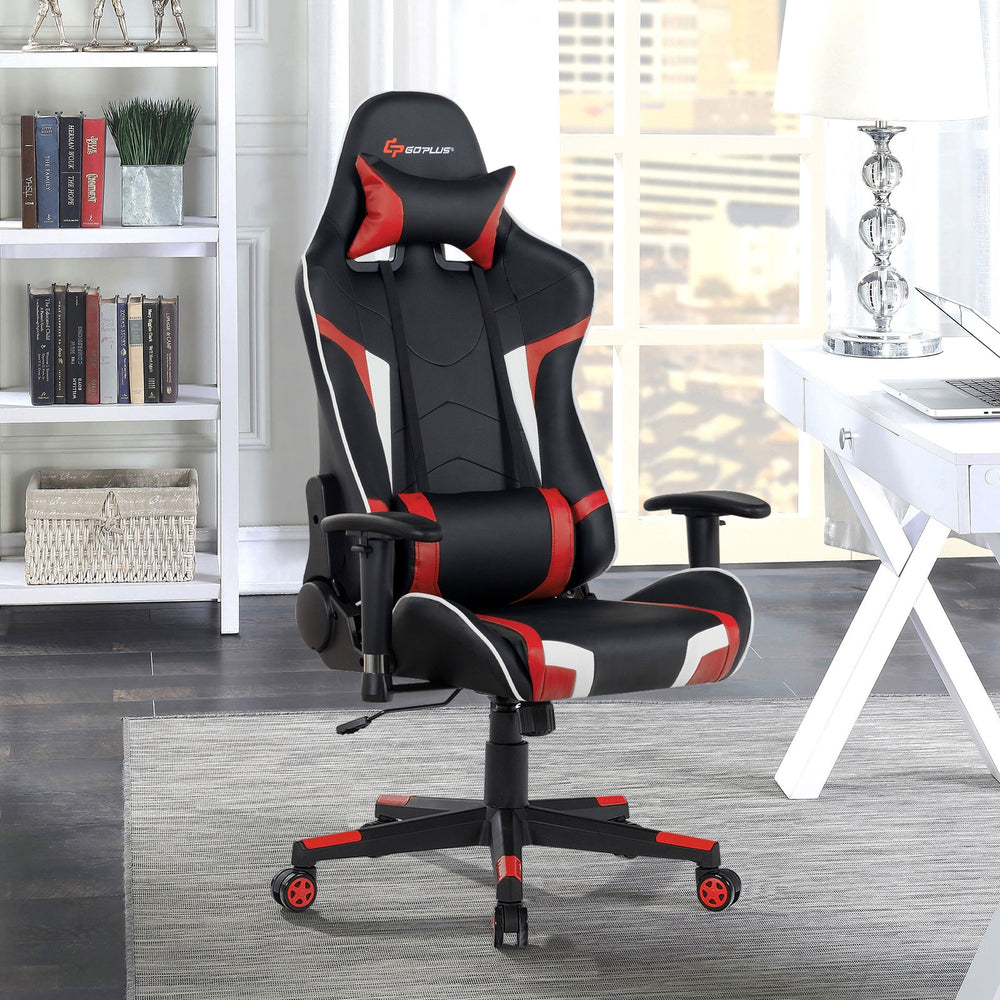 Reclining swivel gaming chair in red and black with lumbar support, adjustable armrests, and 360-degree swivel for.