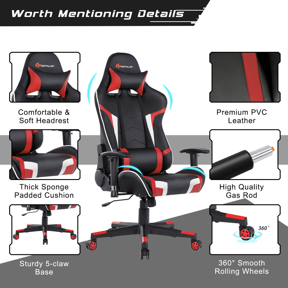Reclining swivel gaming chair in red with adjustable backrest, lumbar support, and smooth-rolling wheels for comfort.