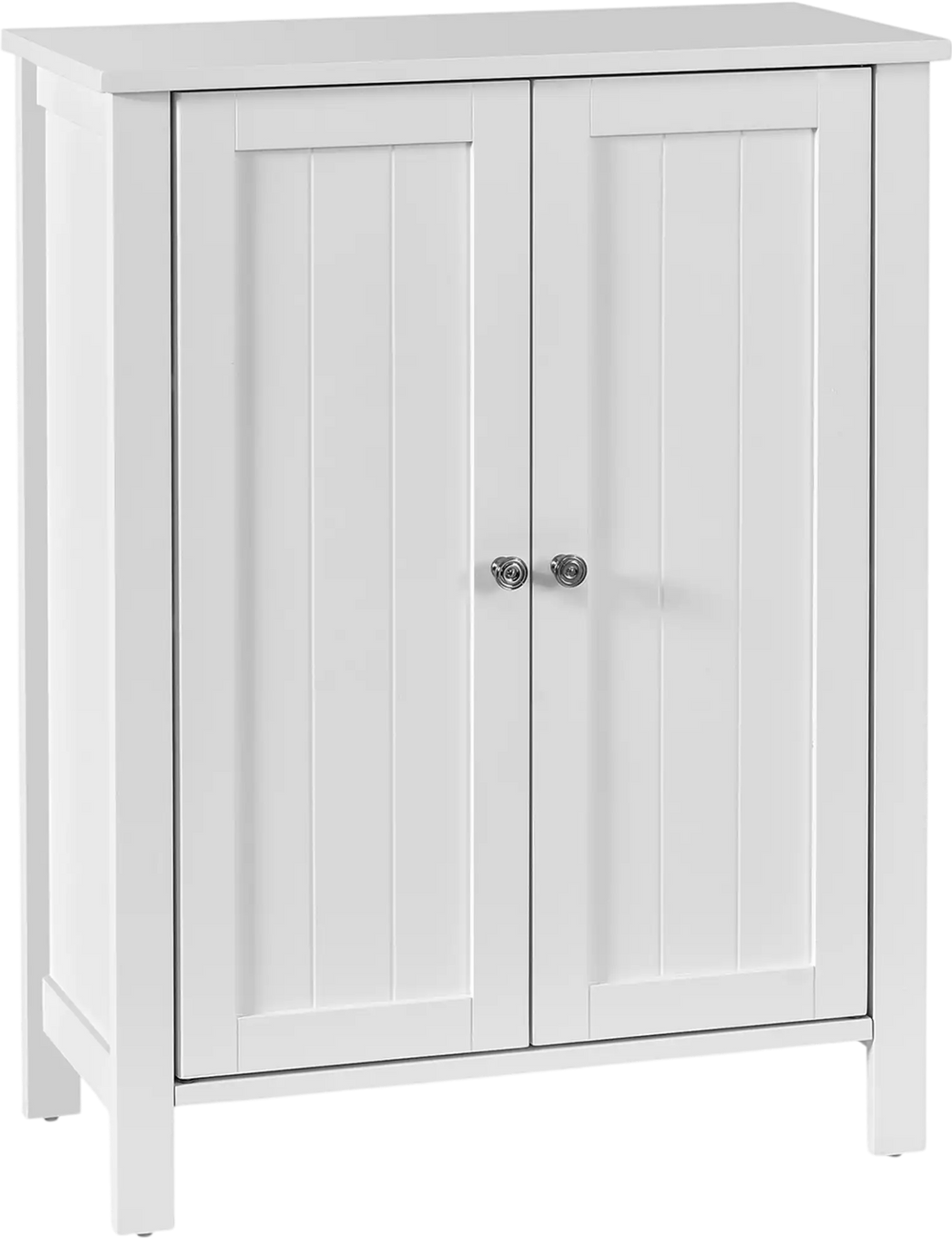 White 2-door bathroom floor storage cabinet with adjustable shelves, suitable for towels and toiletries, featuring.