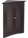 Brown corner storage cabinet with shutter doors, featuring a sleek design and adjustable interior for organized storage.