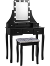 Black cushioned stool paired with a vanity dressing table set featuring 10 dimmable bulbs for stylish makeup.