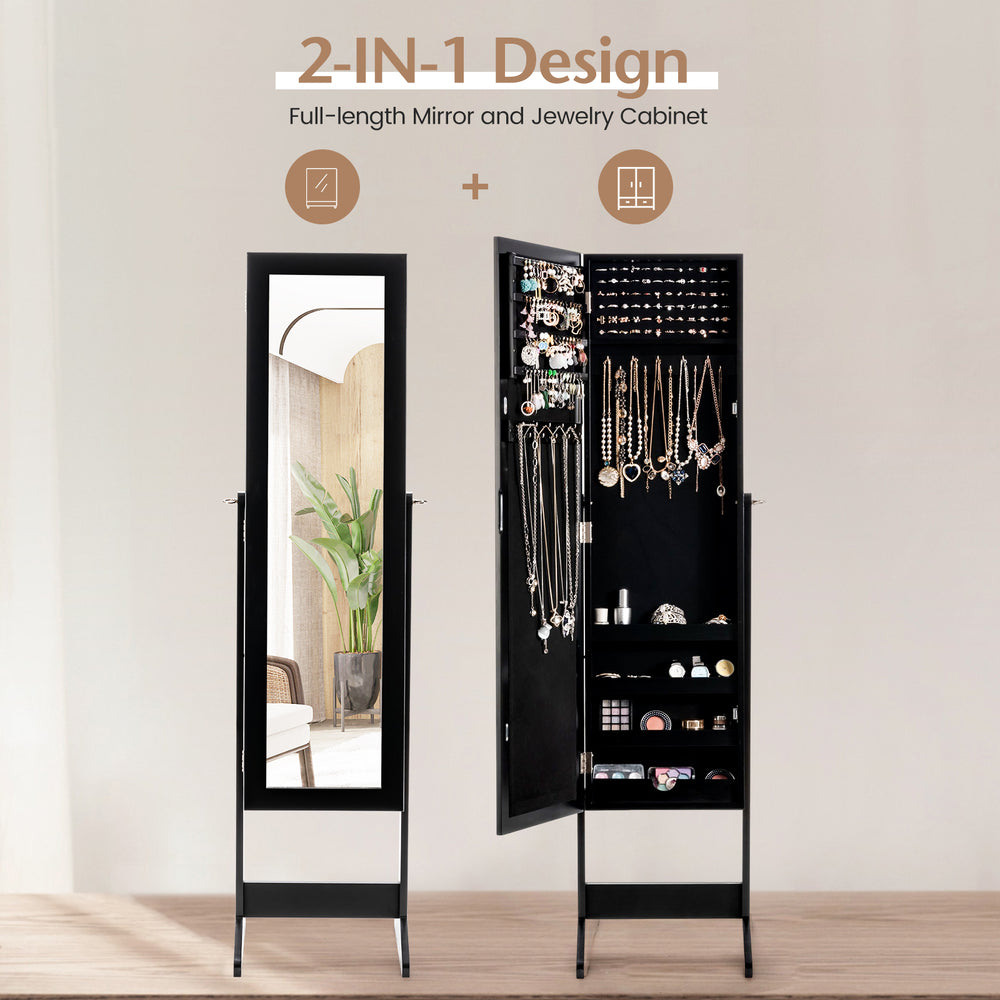 Full-length black mirrored standing jewelry cabinet with storage for necklaces and accessories, ideal for elegant.