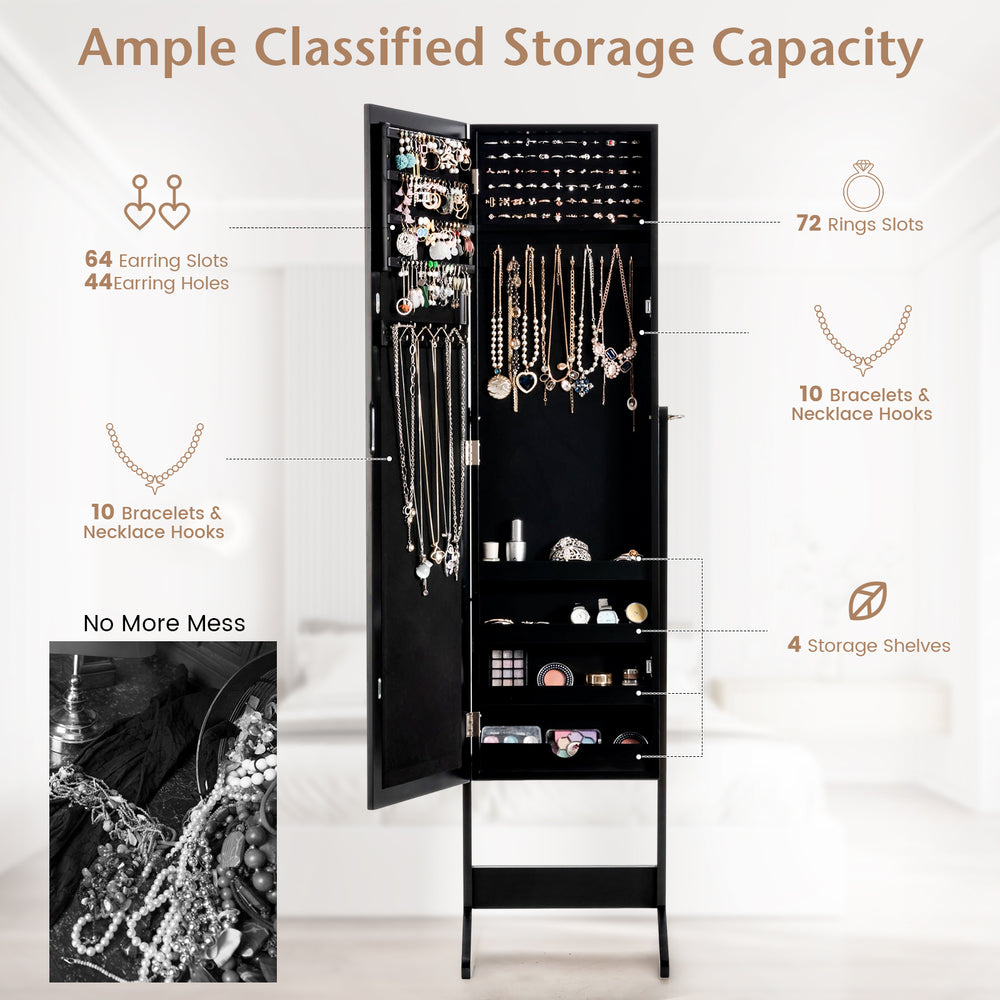 Mirrored standing jewelry cabinet in black with ample storage for rings, earrings, and necklaces, perfect for.