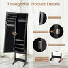 Mirrored standing jewelry cabinet in black with flexible metal hinge and quiet magnetic device for elegant storage.