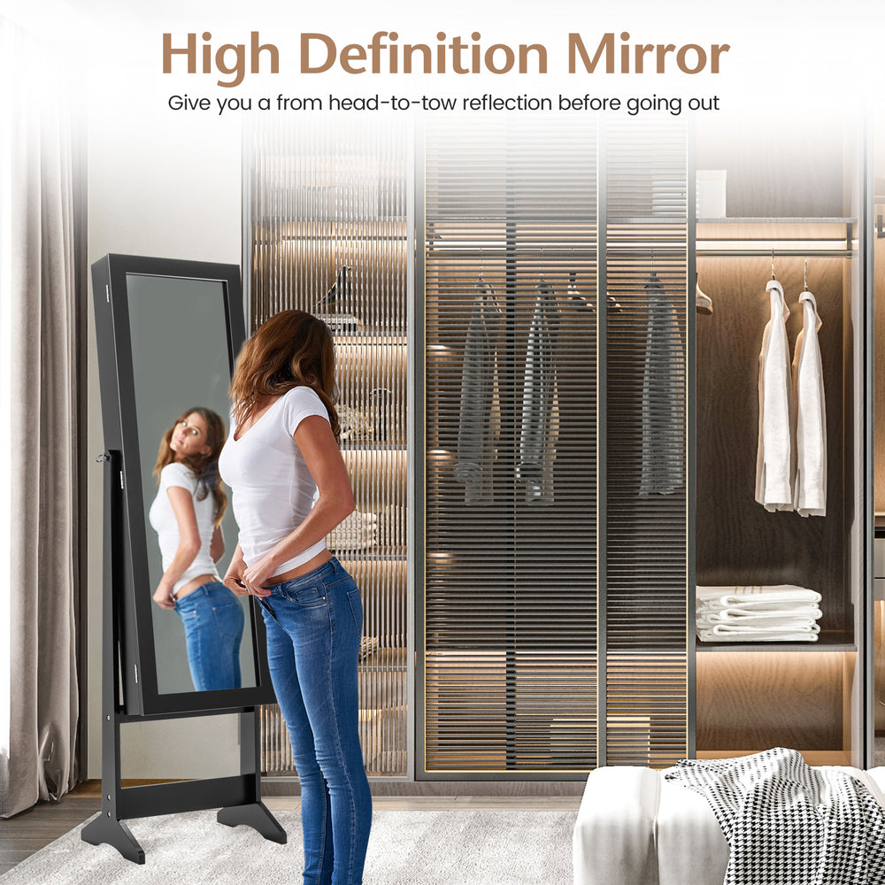 Mirrored standing jewelry cabinet in black with elegant design, offering powerful storage and a full-length dressing.
