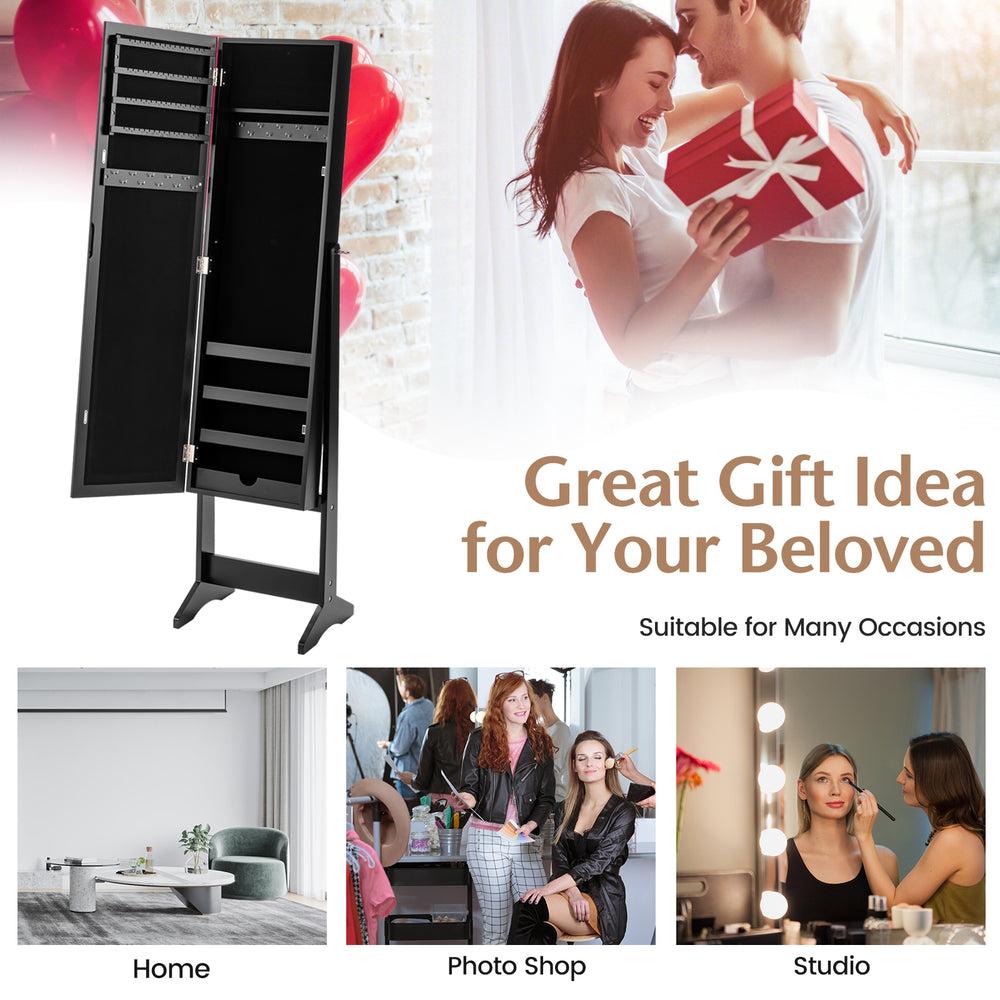 Mirrored standing jewelry cabinet in black, featuring a solid MDF body and elegant mirror for stylish storage solutions.