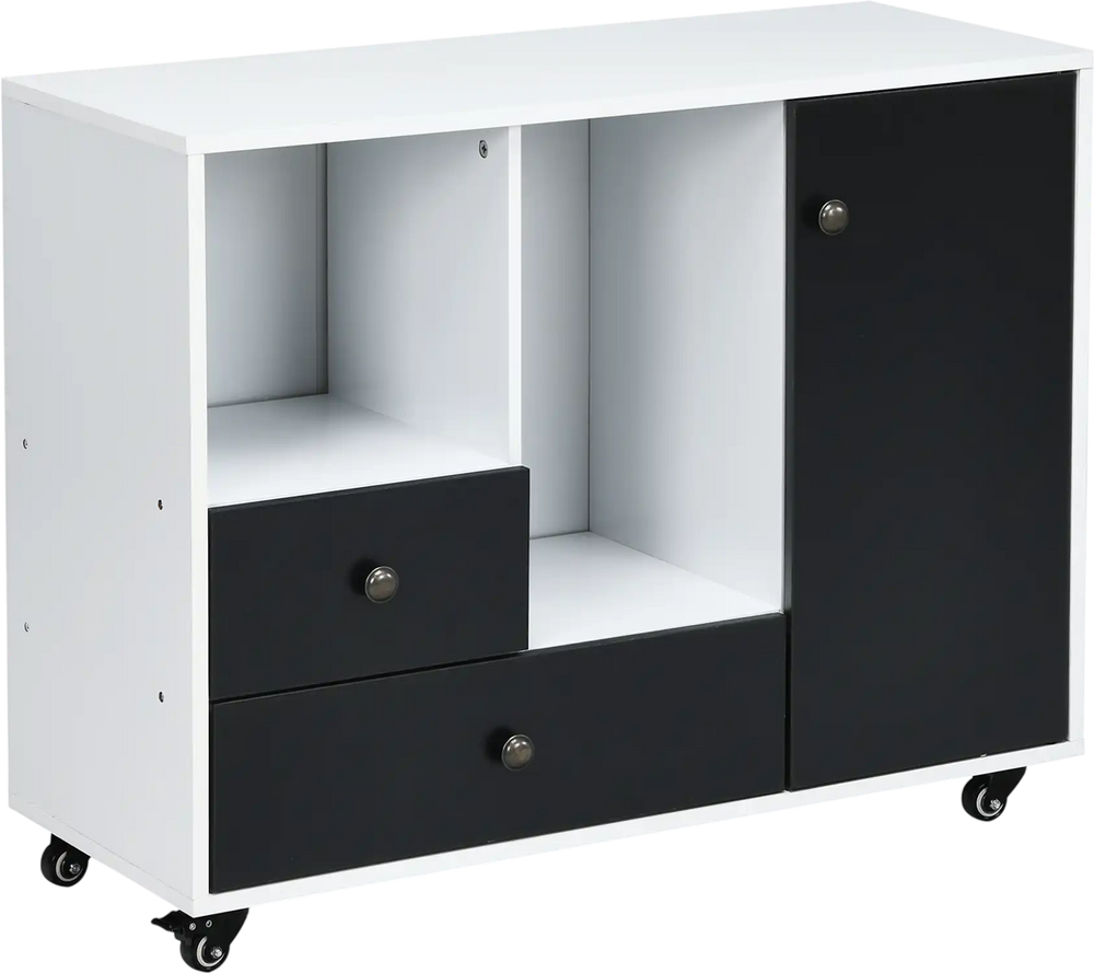 Lateral mobile filing cabinet in black and white with 2 drawers, 2 shelves, and rolling casters for versatile storage.
