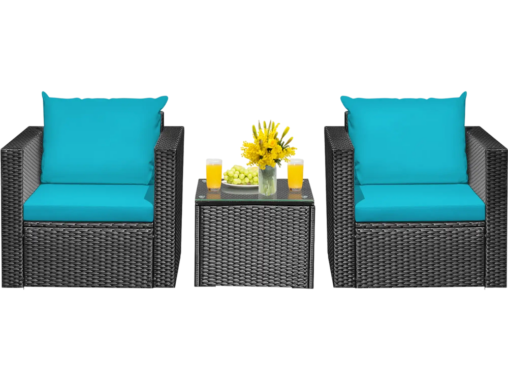 3-piece patio wicker conversation set with turquoise cushions and a glass-top table, ideal for outdoor relaxation.