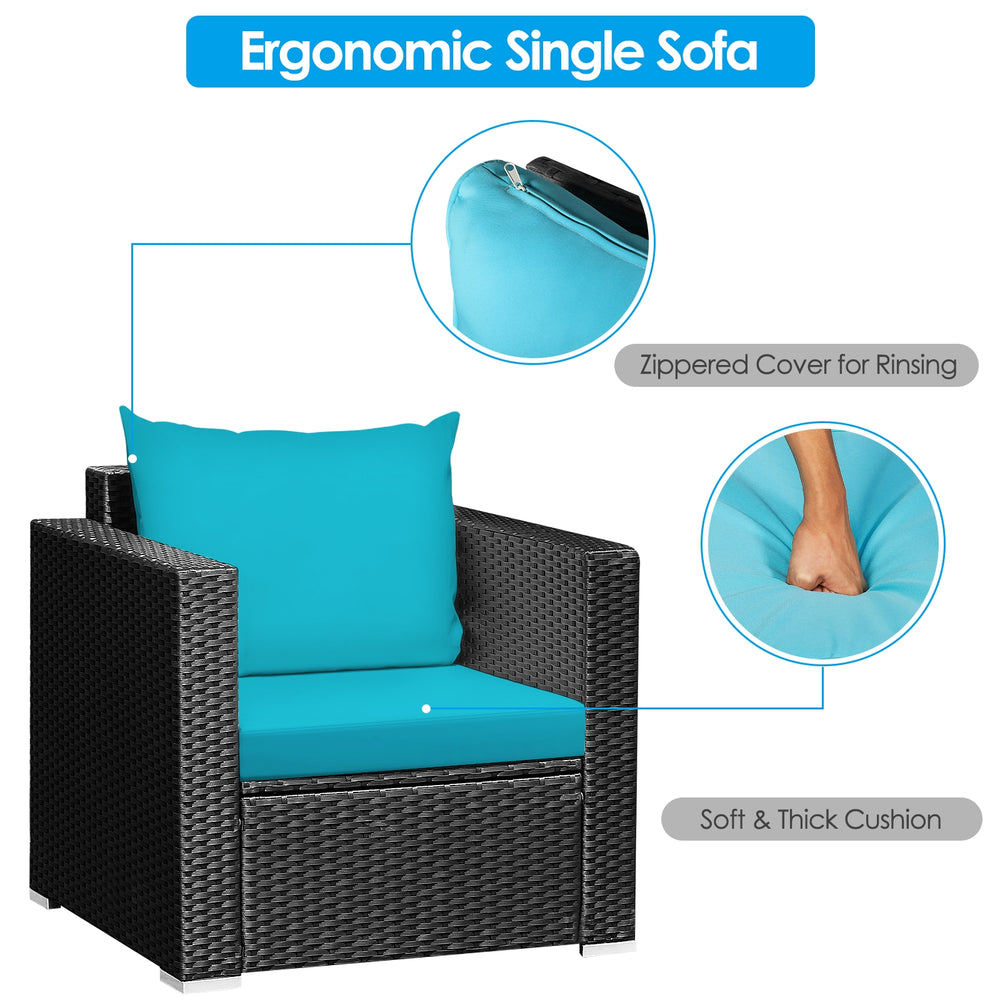 Single ergonomic sofa from the 3-piece patio wicker set with turquoise cushion and zippered cover for easy cleaning.