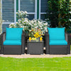 Lush garden scene featuring a 3-piece patio wicker set with turquoise cushions, perfect for outdoor coffee breaks.