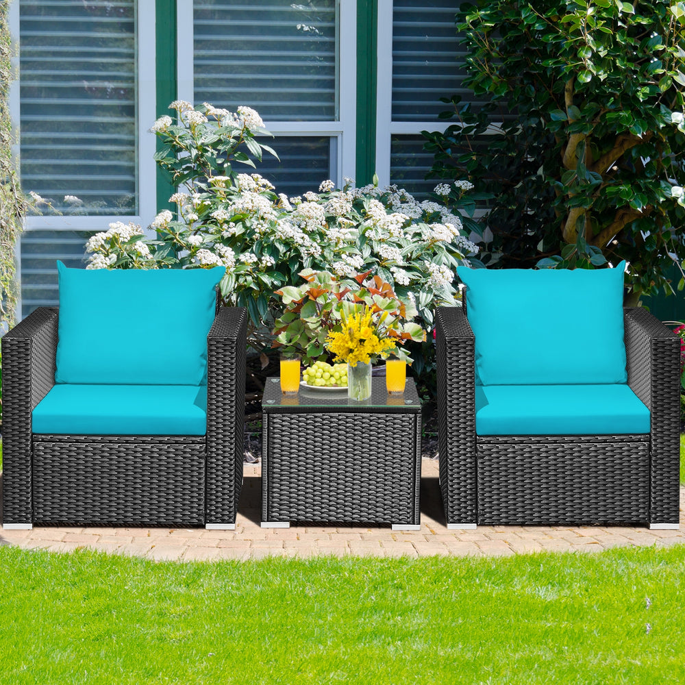 3 Pieces Patio Wicker Conversation Set with Cushion-Turquoise - Gallery View 1 of 12