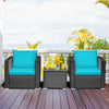 Turquoise cushion patio wicker conversation set with a glass top table, perfect for outdoor relaxation in gardens or.