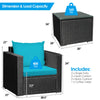 3-piece patio wicker conversation set featuring turquoise cushions, sturdy steel frame, and tempered glass coffee table.