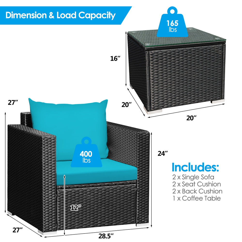 3-piece patio wicker conversation set featuring turquoise cushions, sturdy steel frame, and tempered glass coffee table.