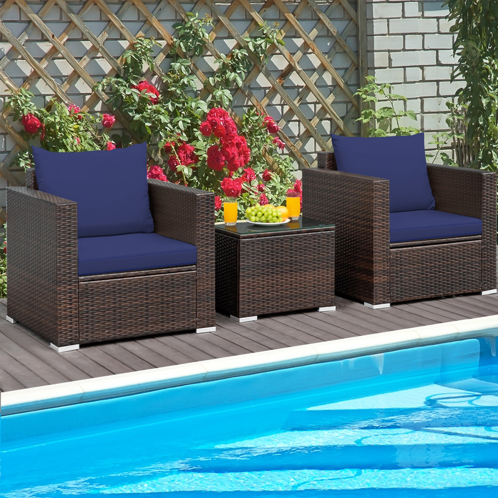 3 Pcs Patio Conversation Rattan Furniture Set with Cushion-Blue - Gallery View 1 of 12