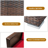 Close-up of the exquisite rattan weave and aluminum feet of the 3 pcs patio conversation set with red cushions.
