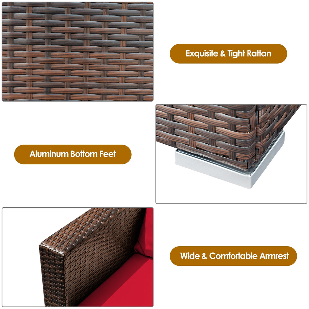 Close-up of the exquisite rattan weave and aluminum feet of the 3 pcs patio conversation set with red cushions.