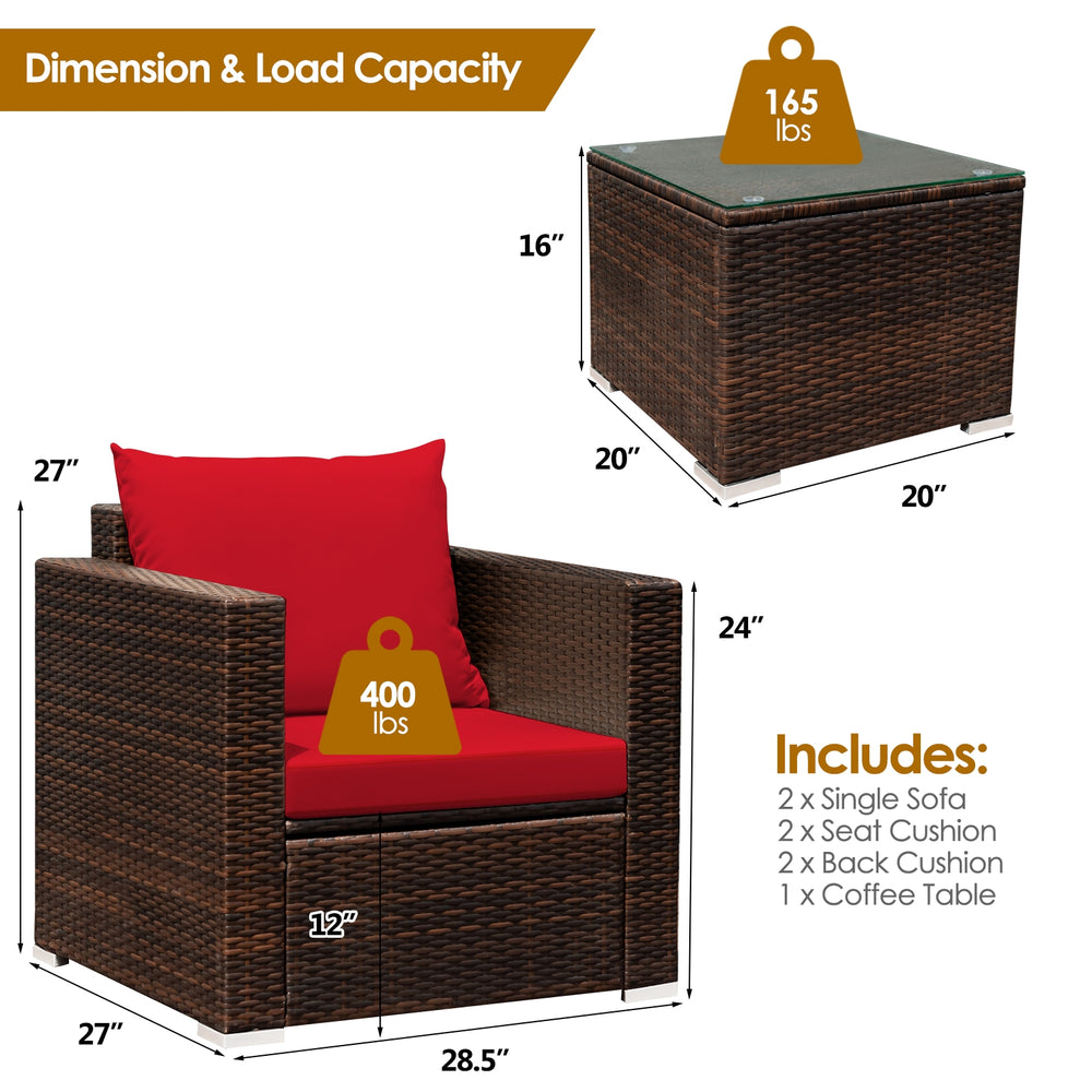 Single chair from the 3 Pcs Patio Conversation Rattan Furniture Set with red cushion, perfect for outdoor relaxation.