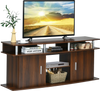 Walnut 63-inch TV entertainment console with 2 cabinets and open shelves, suitable for living room or bedroom use.