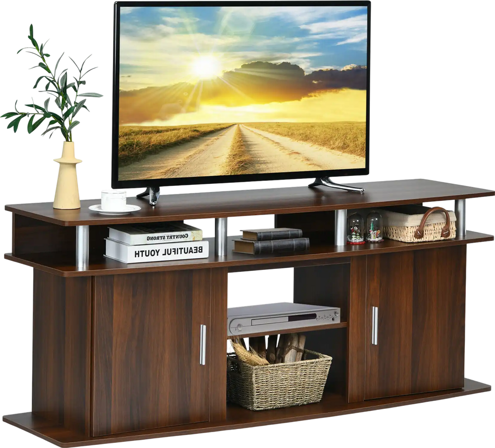 Walnut 63-inch TV entertainment console with 2 cabinets and open shelves, suitable for living room or bedroom use.