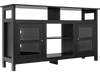 58-inch black TV stand with 2 cabinets, open shelves, and removable middle shelf for versatile home decor and storage.