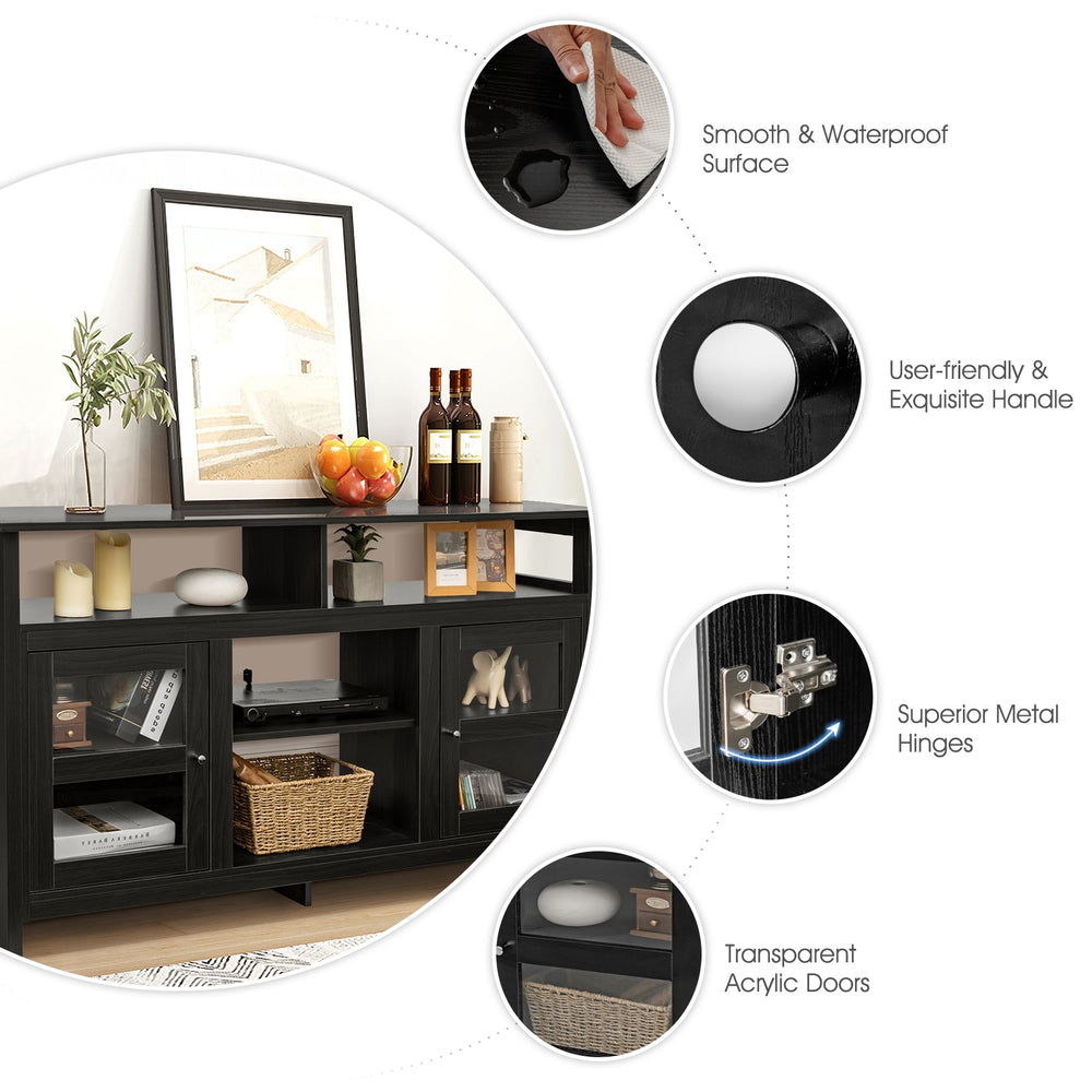 Black 58-inch TV stand with transparent acrylic doors, 2 cabinets, and open shelves for versatile storage in any room.