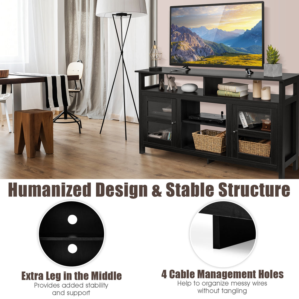 58-inch black TV stand with 2 cabinets, open shelves, and cable management holes for organized storage in any room.