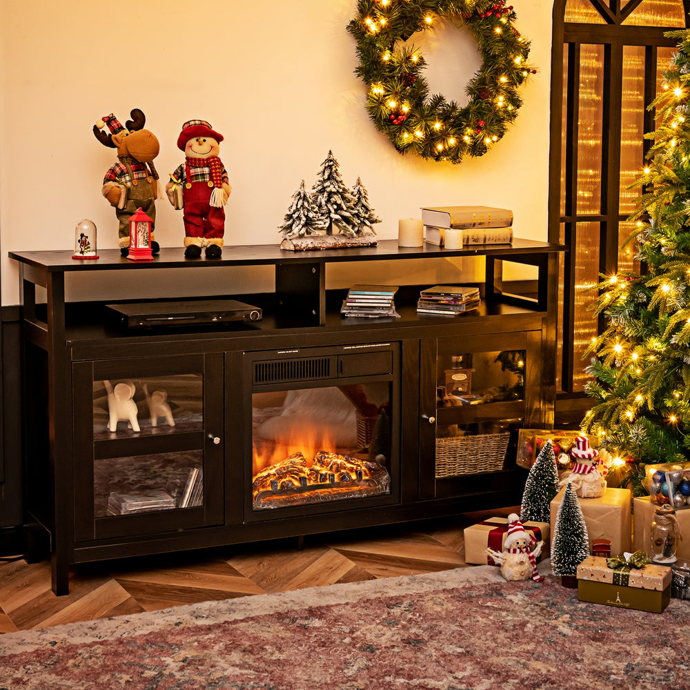 58-inch black TV stand with 2 cabinets and open shelves, perfect for living room decor and holding TVs up to 65 inches.