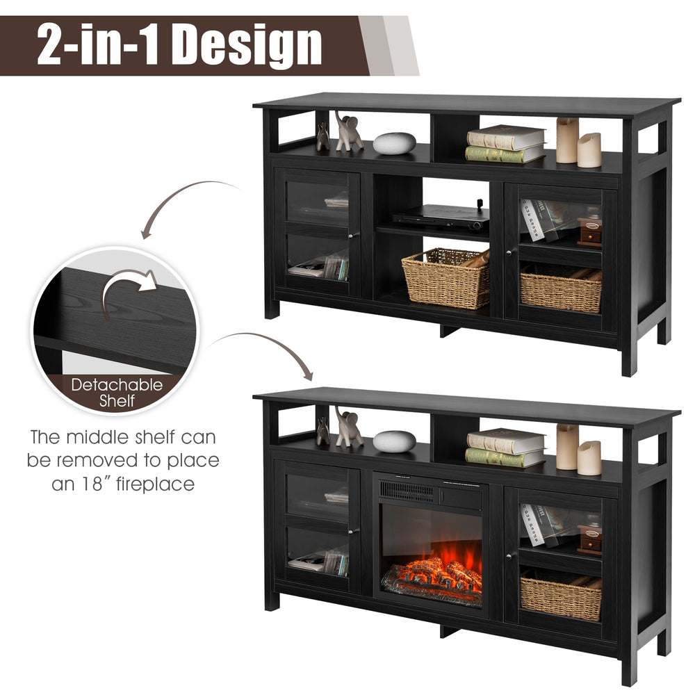 58-inch black TV stand with 2 cabinets, removable middle shelf for electric fireplace, and ample storage for home decor.